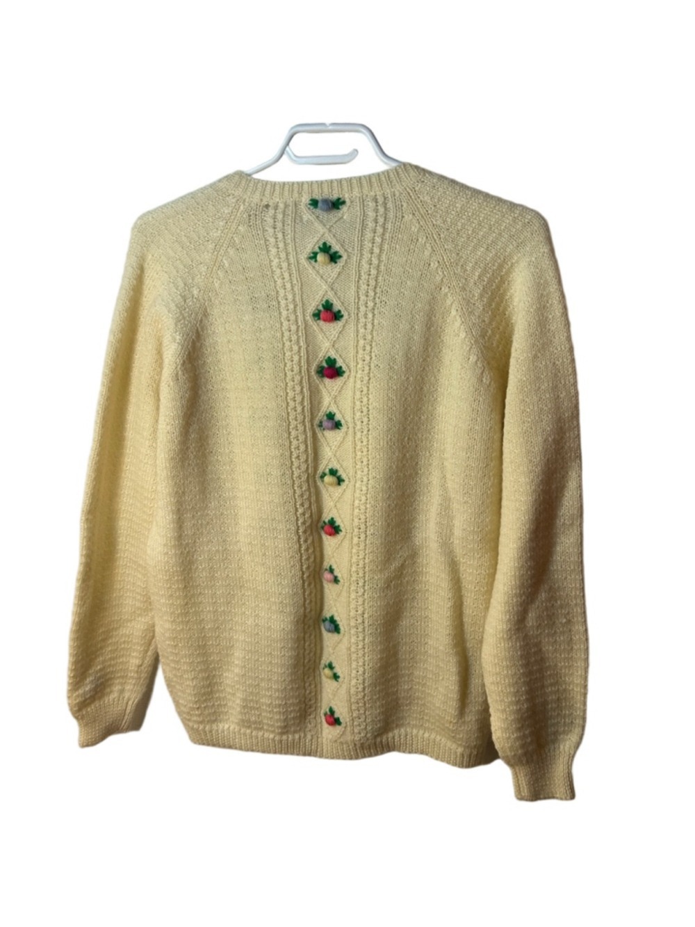 vintage lady clansman 100% wool 3-D floral cream knit cardigan sz large cottag - Picture 7 of 7